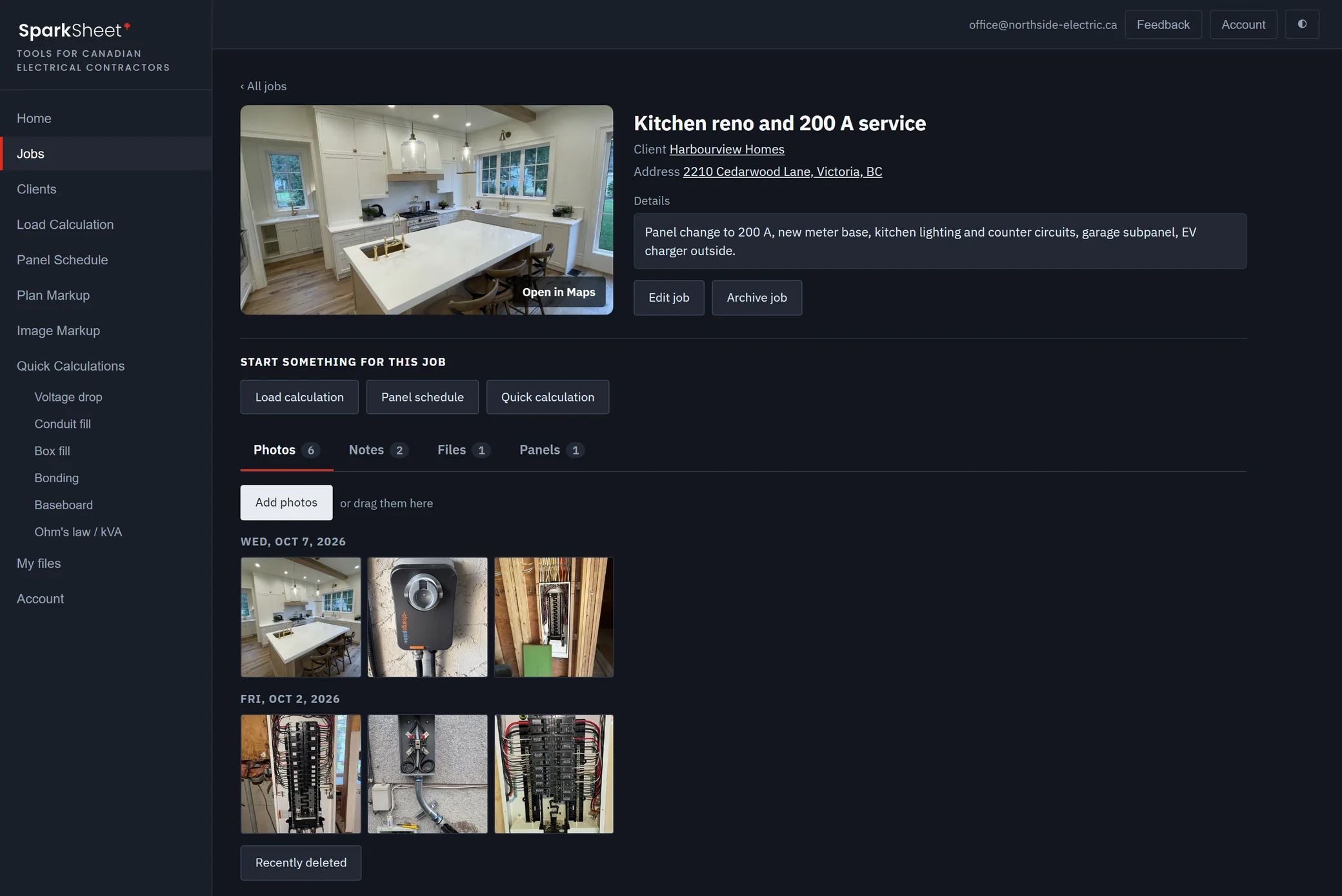 A job page in SparkSheet: Kitchen reno and 200 A service for Harbourview Homes. Six photos sorted under Wednesday October 7 and Friday October 2, with tabs for notes, files and panel schedules.
