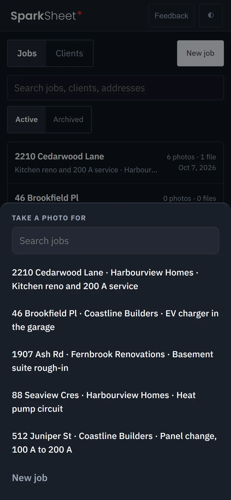 The camera button on a phone asking which job the photo is for, with the job list: 2210 Cedarwood Lane, 46 Brookfield Place, 1907 Ash Road and more.
