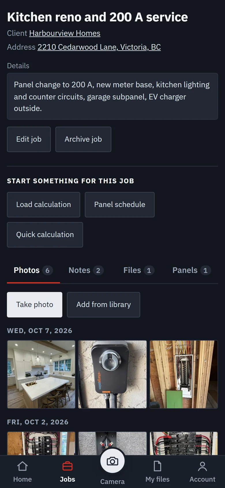 The same job on a phone, with Take photo, Add from library and the camera button in the middle of the bottom bar.