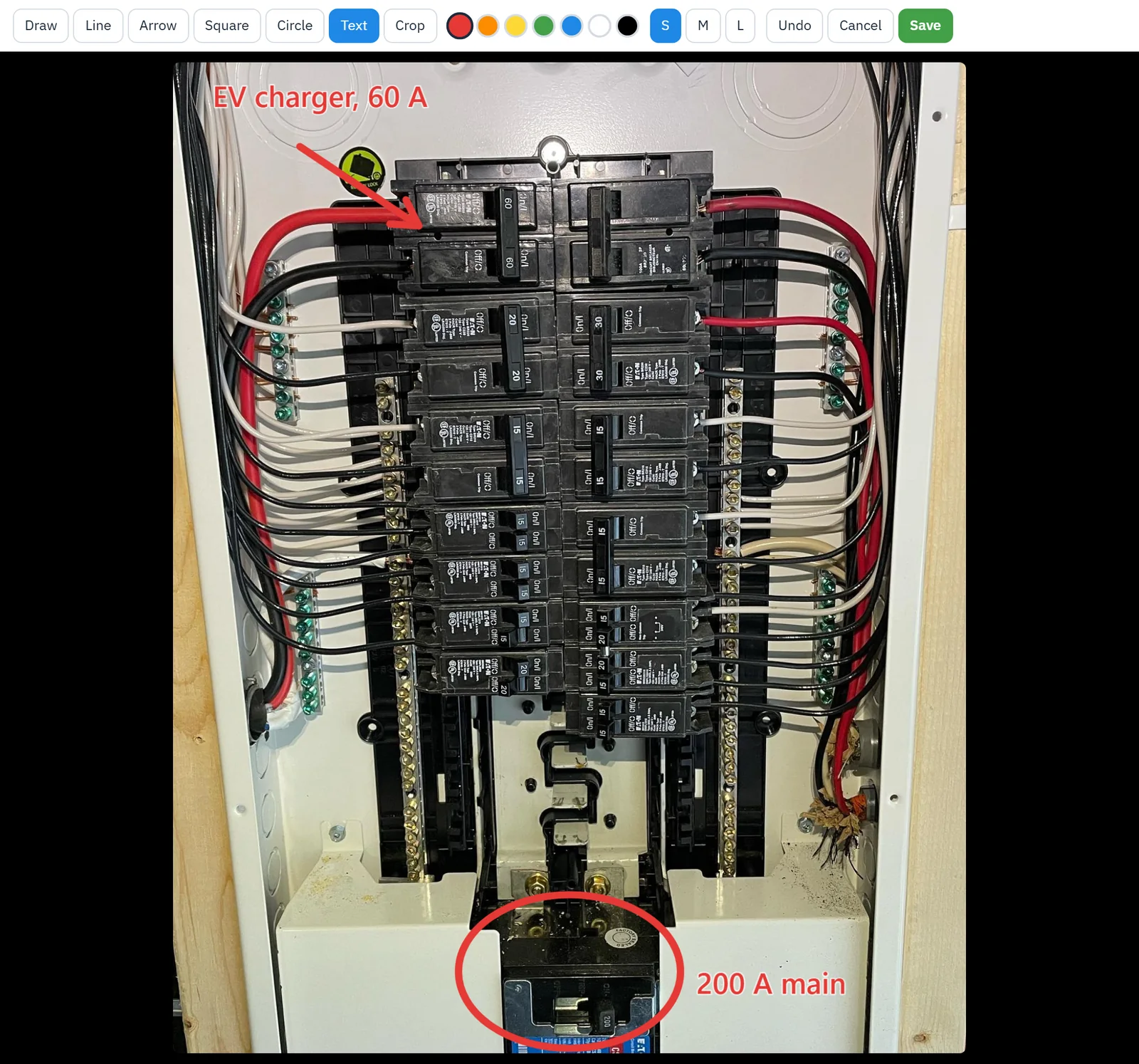 The photo markup tools on a new 200 A panel: an arrow to the EV charger's 60 A breaker, and the main breaker circled and labelled 200 A main.