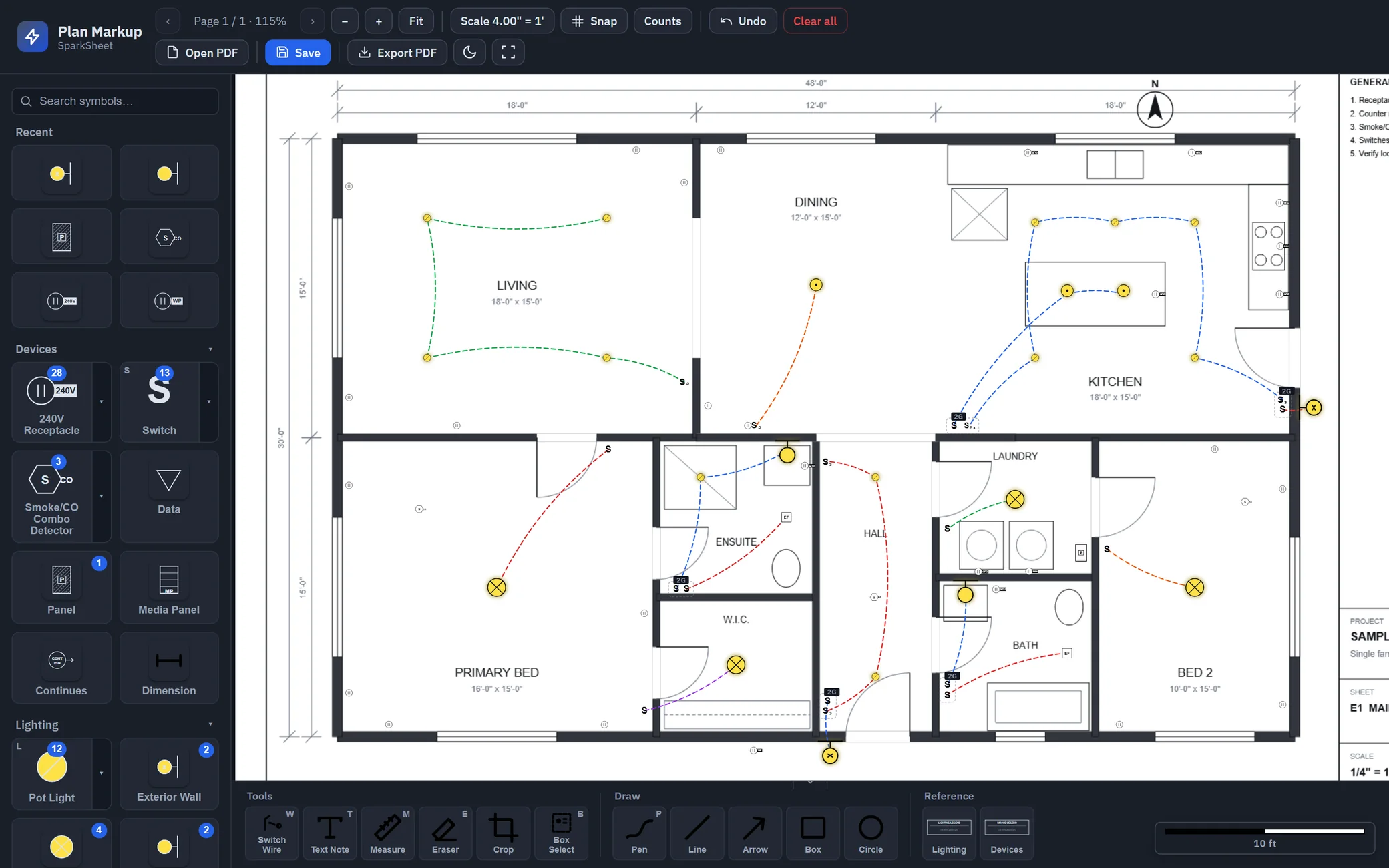 A one storey house plan marked up in SparkSheet: pot lights, pendants and ceiling lights in every room, receptacles, smoke and CO alarms, the panel, and dashed switch legs from each switch, with 3-ways in the hall and kitchen.